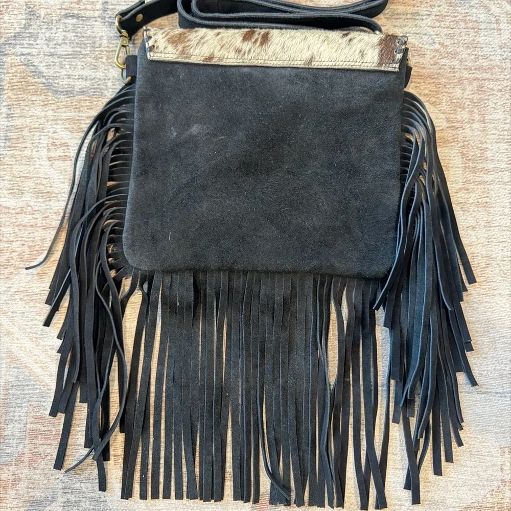 Turquoise Accent Cowhide Tooled Fringe Crossbody Bag - Picture 2 of 9